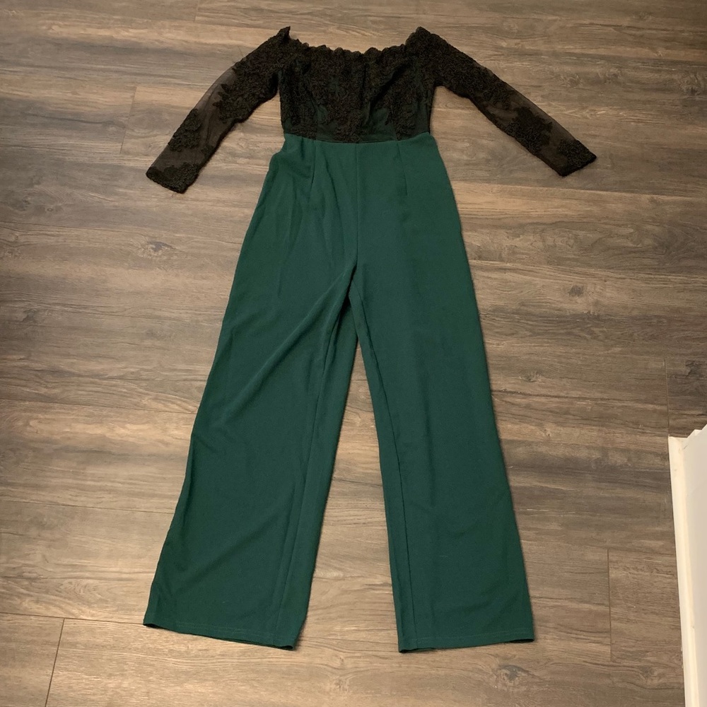 Green Jumpsuit Off Shoulder Scalloped Lace Top